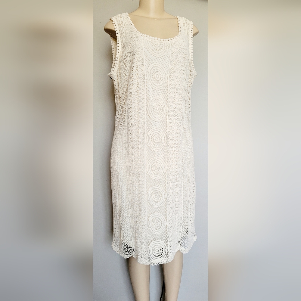 Solitaire 100% Cotton Cream Crochet/ Lace Midi Dress Lined Sleeveless 1X NWT